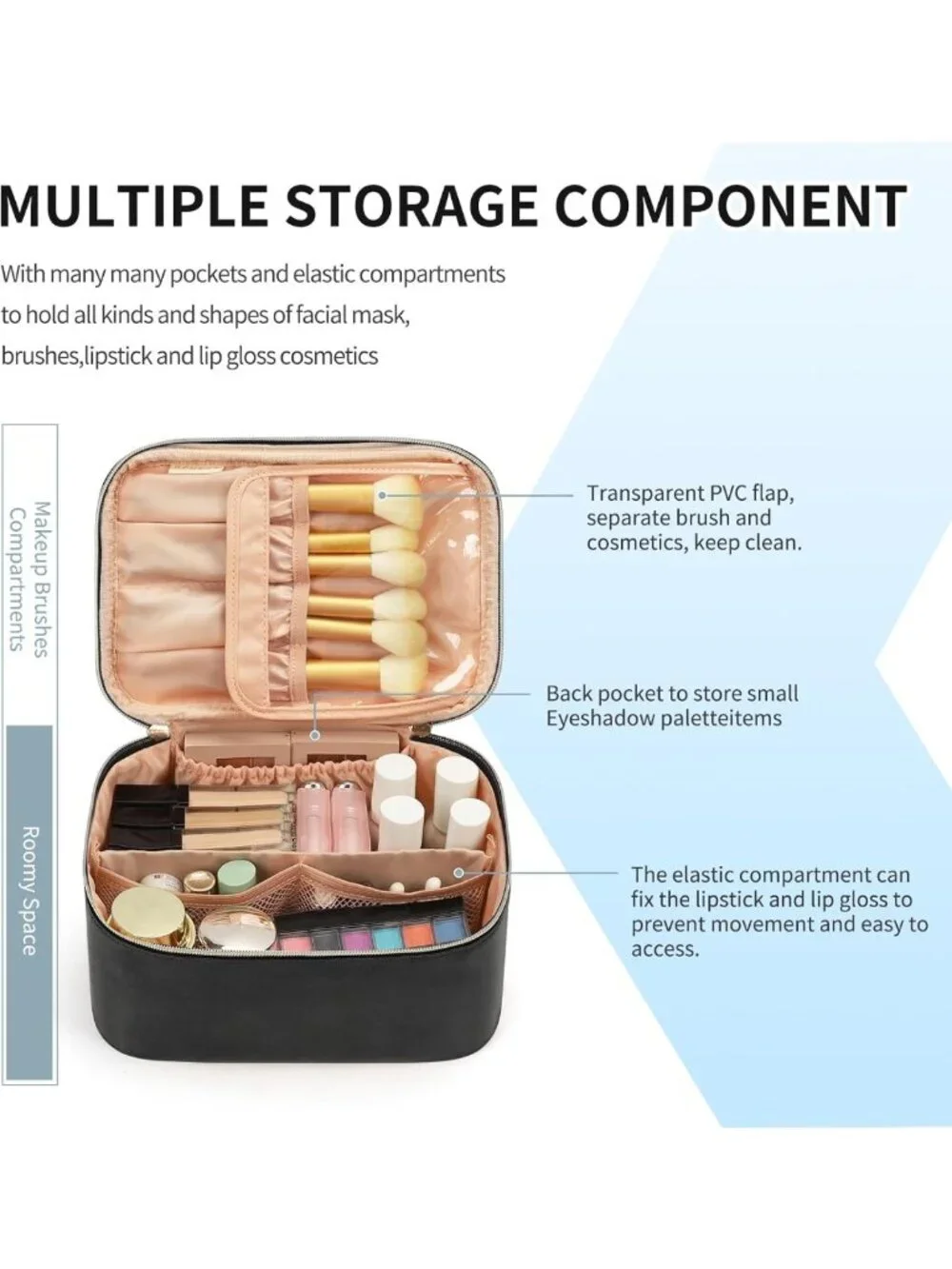Large Capacity Portable Makeup Bag Organizer for Travel - Black Cosmetic Case